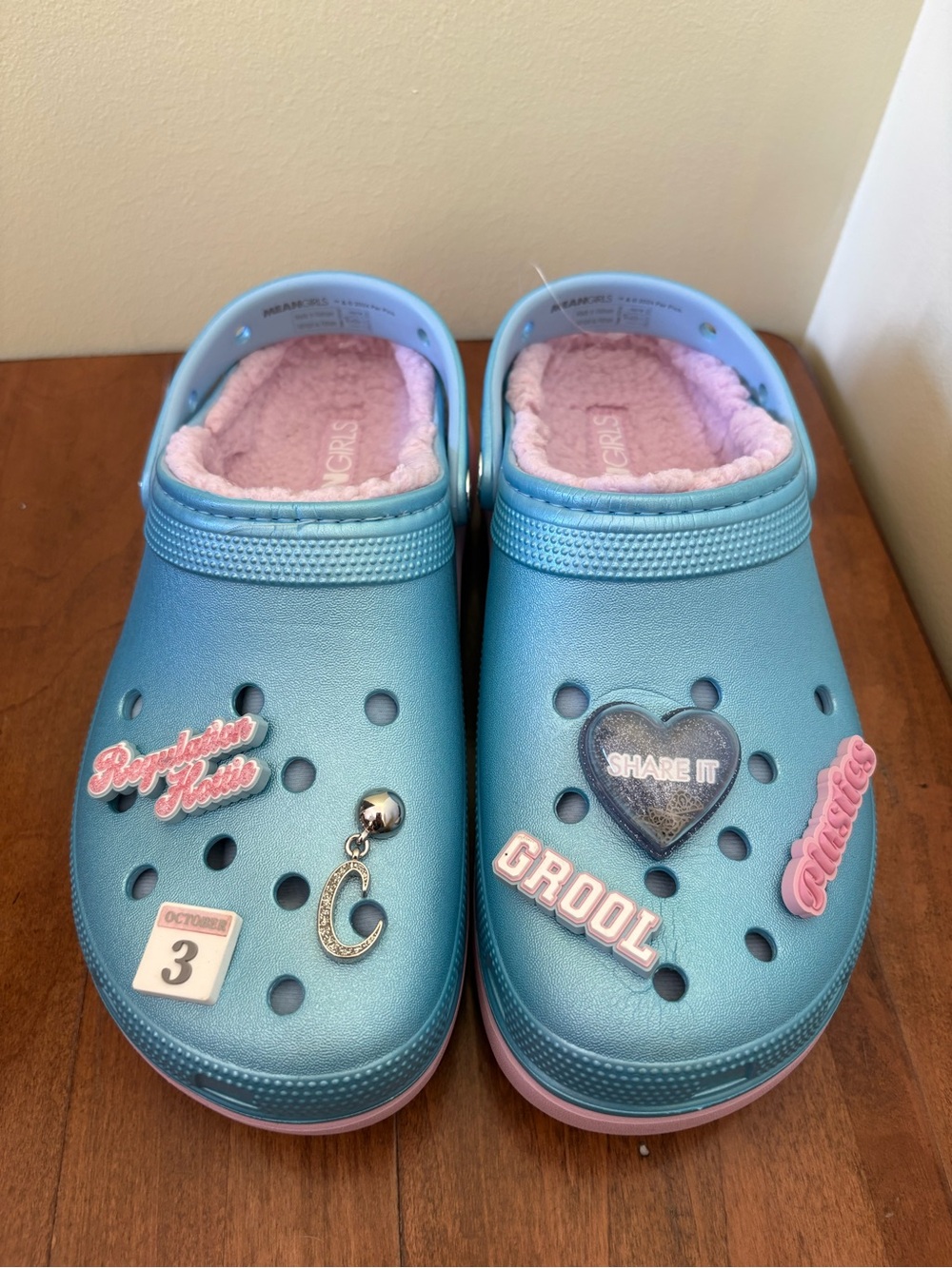New Mean Girls Crocs Blue Cozy Clog Shoes with Pink Lining